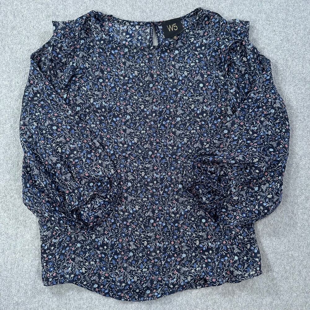 W5 Blue Floral Ruffle Shoulder Sheer Blouse Women's Medium 3/4 Sleeve Silver